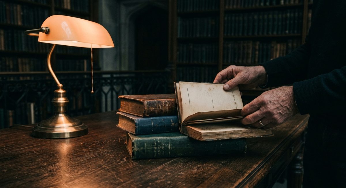 Tangan membuka buku kecil bertumpuk di meja perpustakaan gelap dengan lampu hangat
