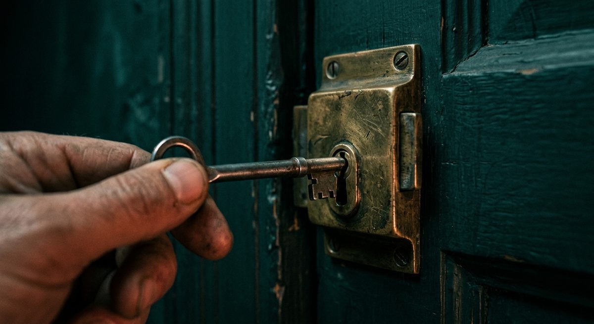 Kunci baja dimasukkan ke gembok pintu di bawah cahaya redup hangat